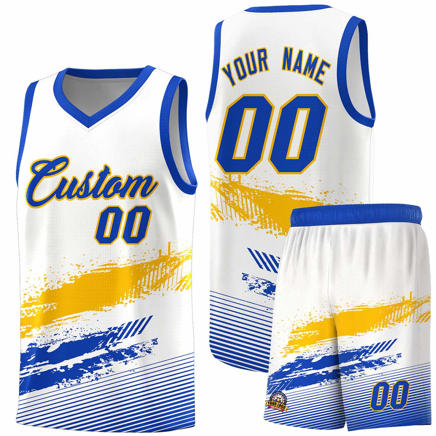 Custom White Yellow and Royal Graffiti Pattern Sports Uniform Basketball Jersey