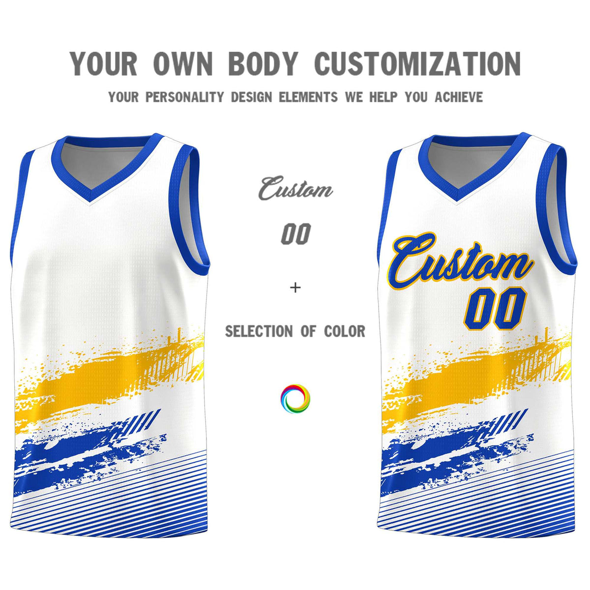 Custom White Yellow and Royal Graffiti Pattern Sports Uniform Basketball Jersey