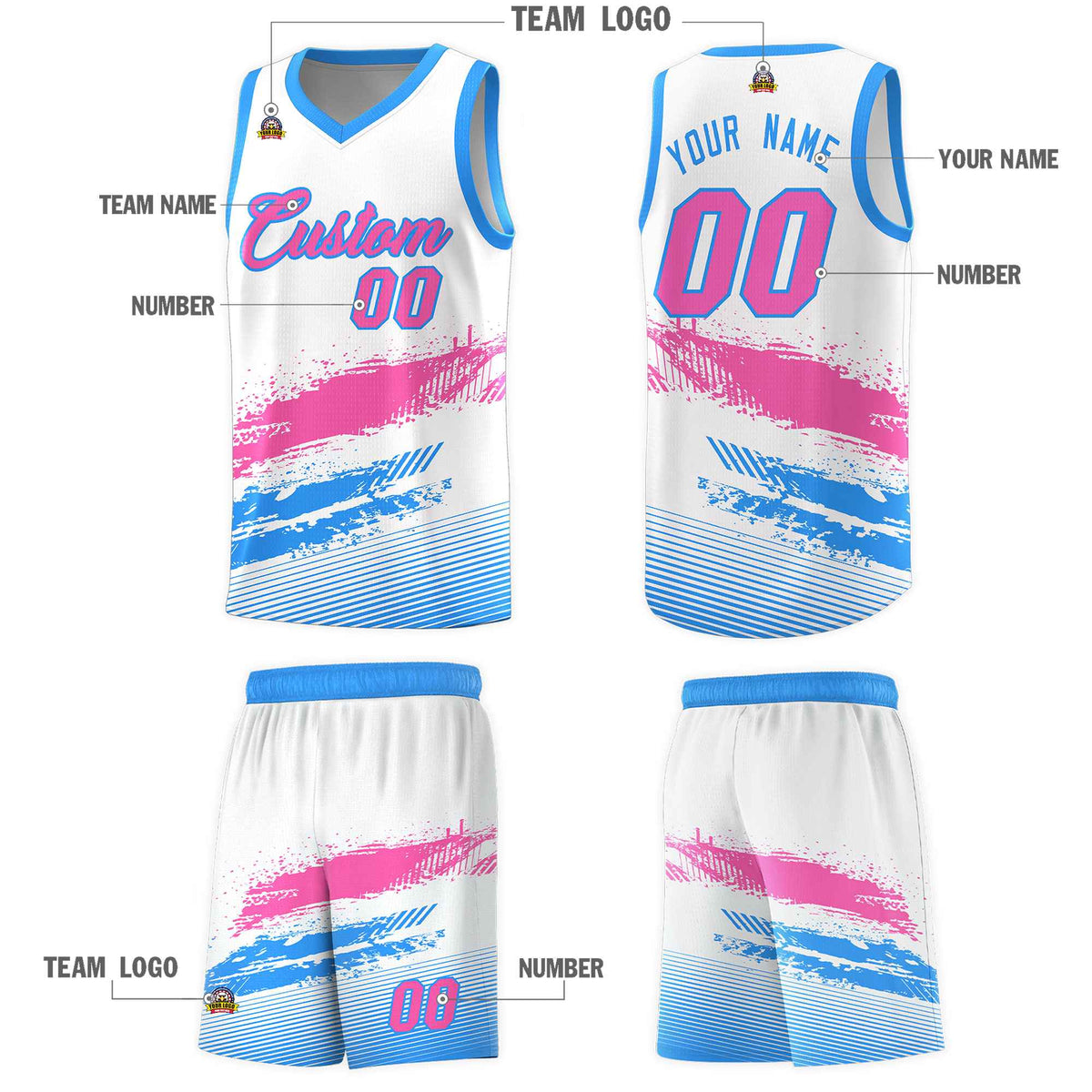 Custom White Pink and Powder Blue Graffiti Pattern Sports Uniform Basketball Jersey
