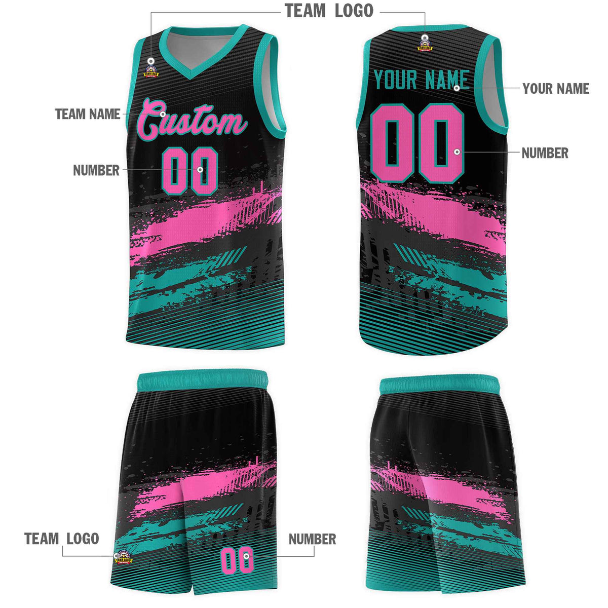 Custom Black Pink and Aqua Graffiti Pattern Sports Uniform Basketball Jersey
