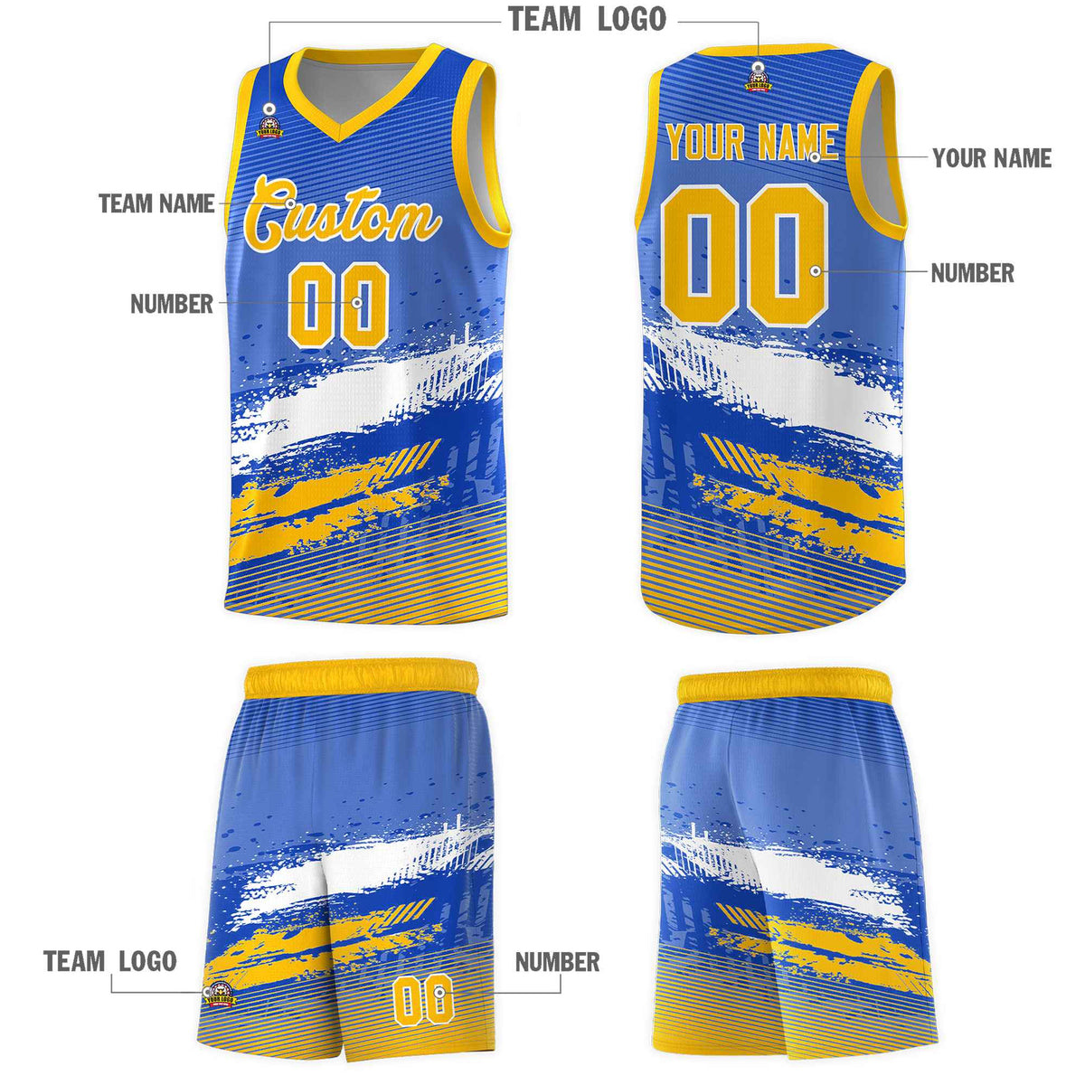 Custom Royal White and Yellow Graffiti Pattern Sports Uniform Basketball Jersey