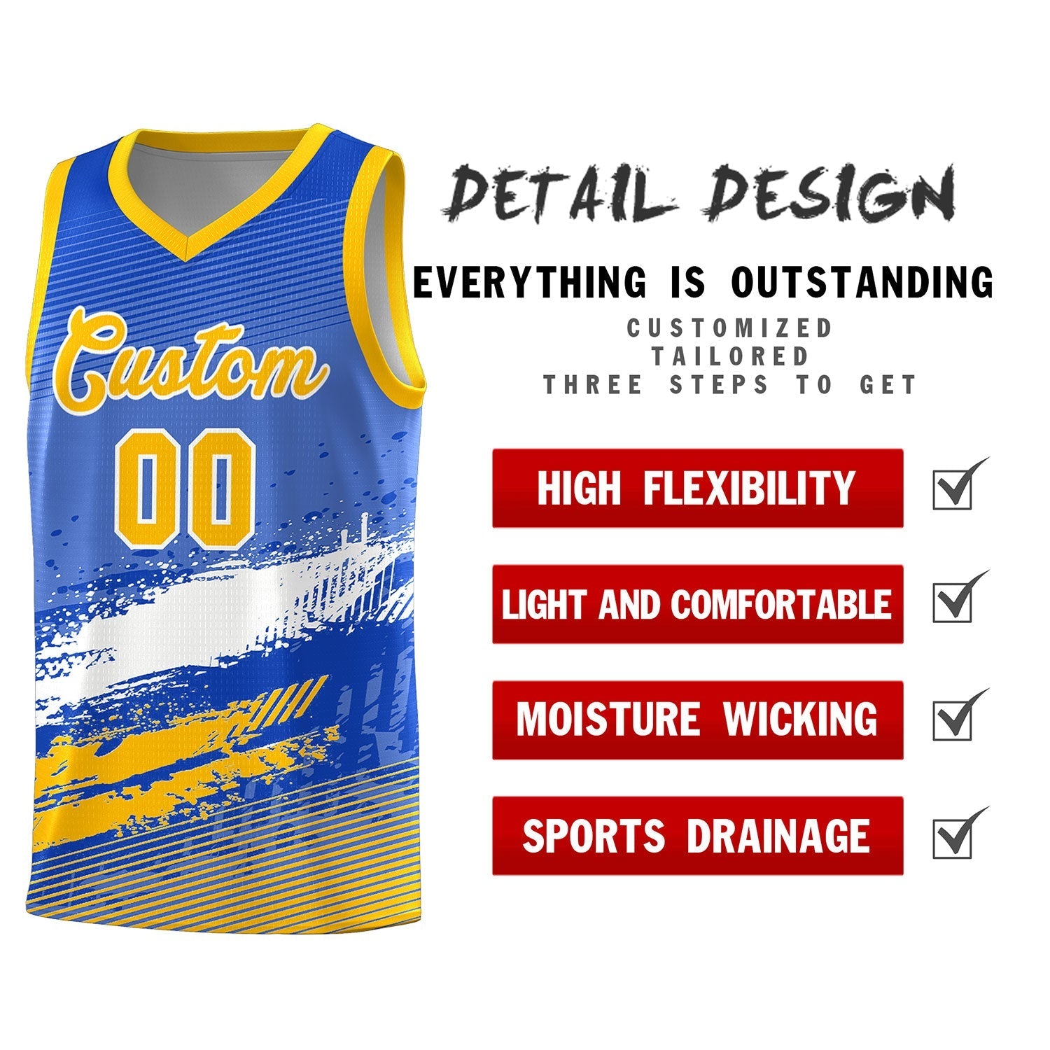 Custom Royal White and Yellow Graffiti Pattern Sports Uniform Basketball Jersey