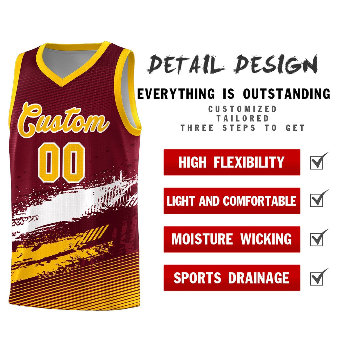 Custom Crimson White and Yellow Graffiti Pattern Sports Uniform Basketball Jersey
