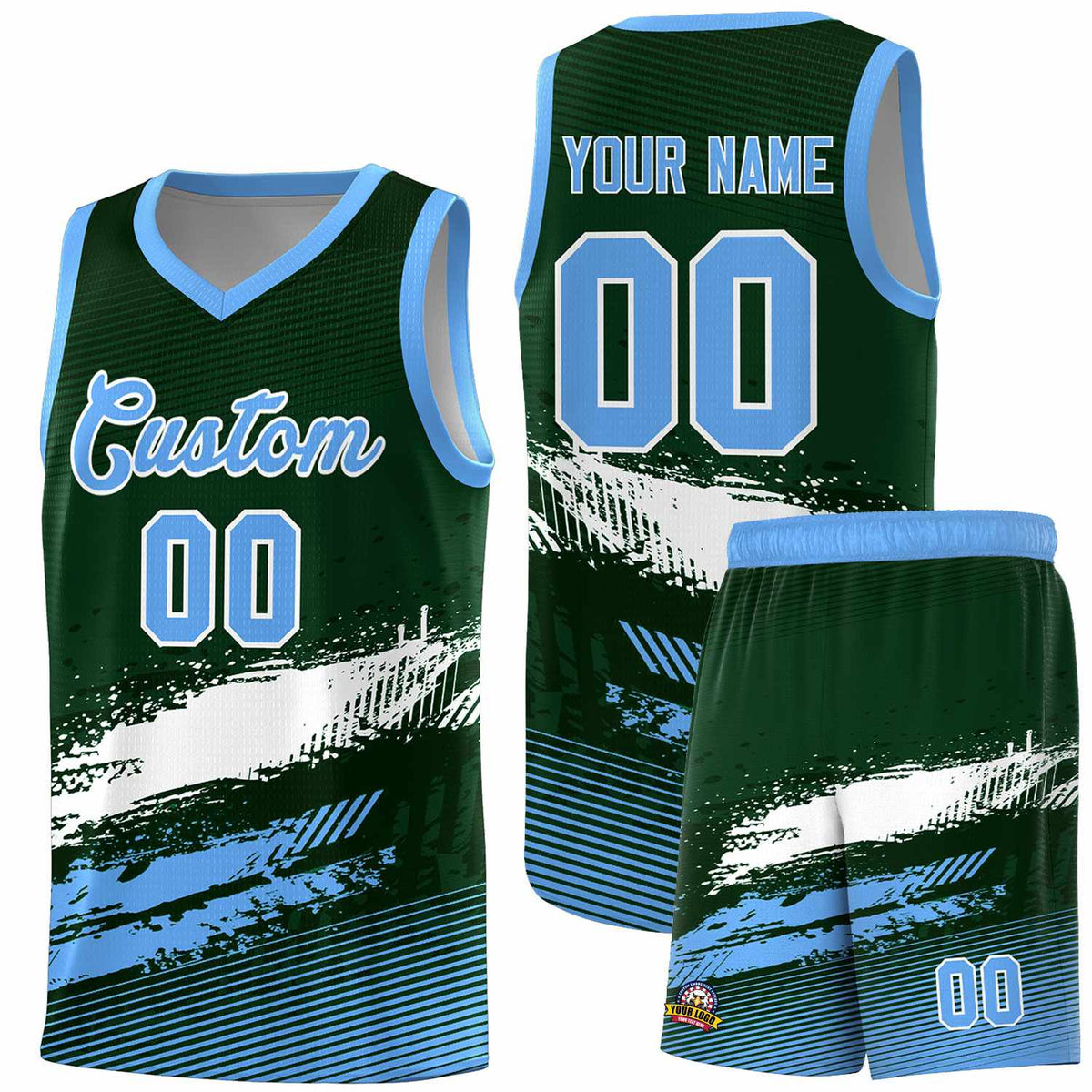 Custom Green White and Powder Blue Graffiti Pattern Sports Uniform Basketball Jersey