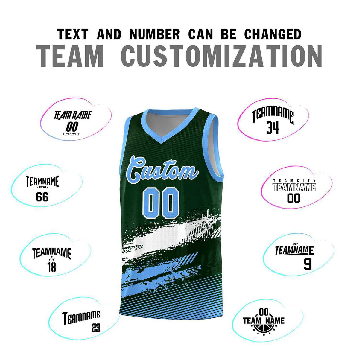 Custom Green White and Powder Blue Graffiti Pattern Sports Uniform Basketball Jersey