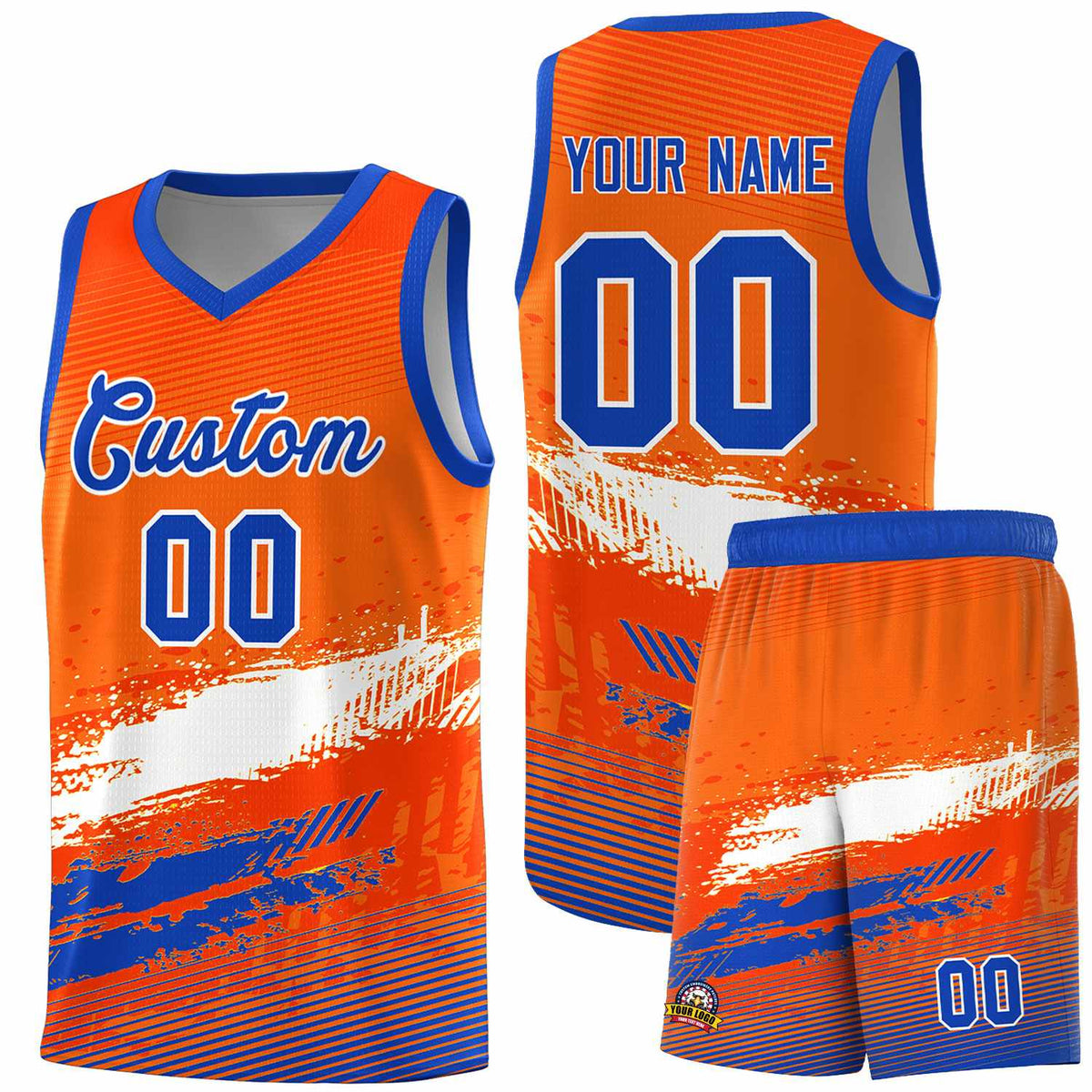 Custom Orange White and Royal Graffiti Pattern Sports Uniform Basketball Jersey