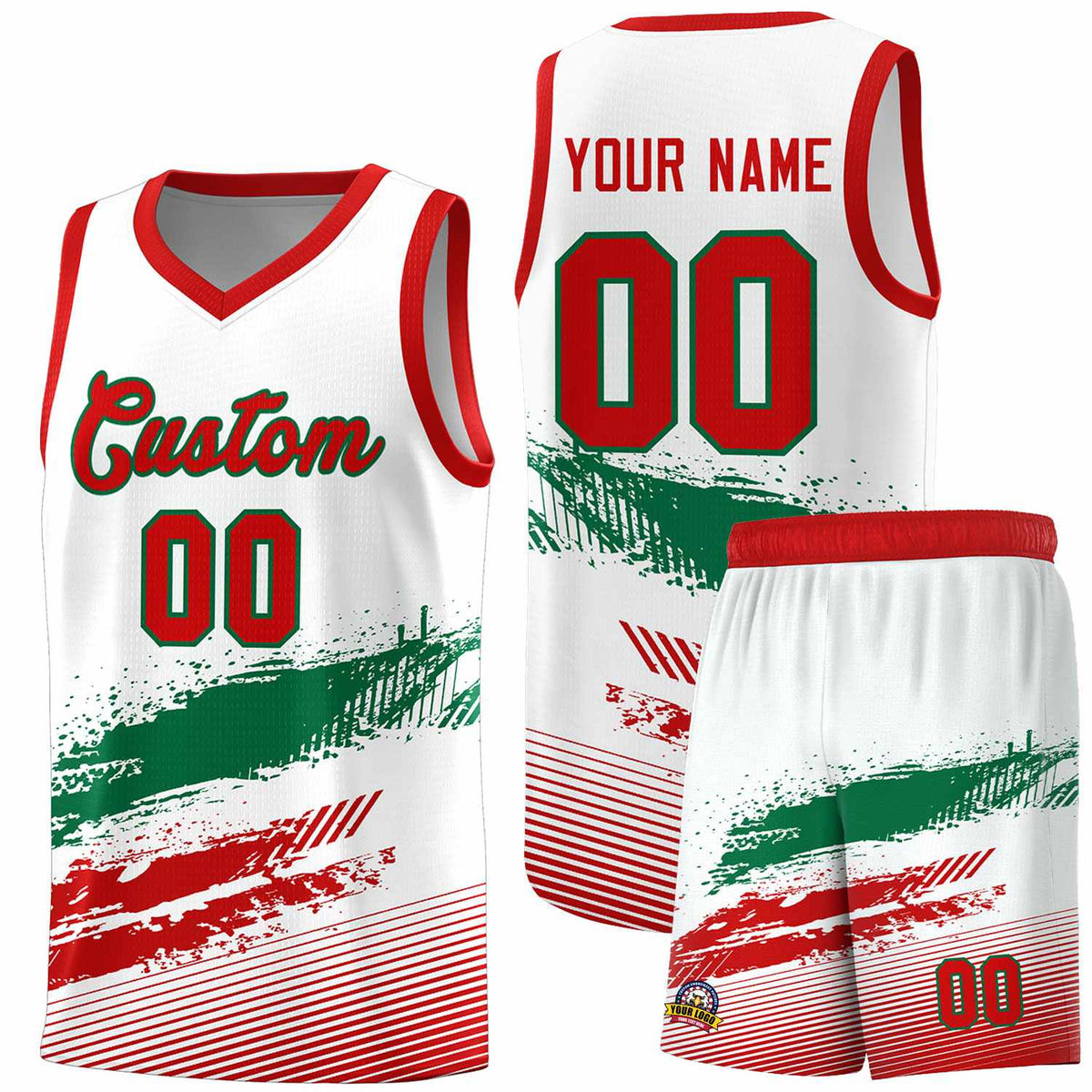 Custom White Kelly Green and Red Graffiti Pattern Sports Uniform Basketball Jersey