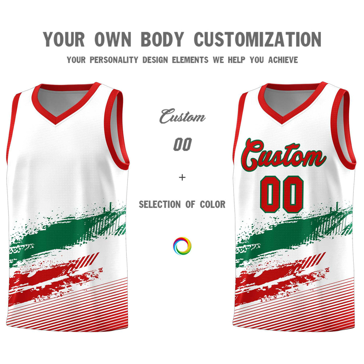 Custom White Kelly Green and Red Graffiti Pattern Sports Uniform Basketball Jersey