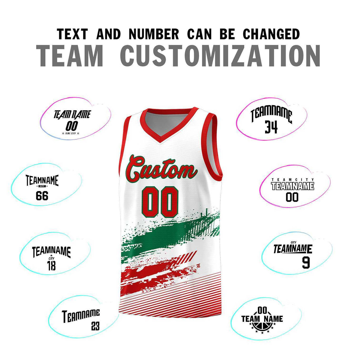 Custom White Kelly Green and Red Graffiti Pattern Sports Uniform Basketball Jersey
