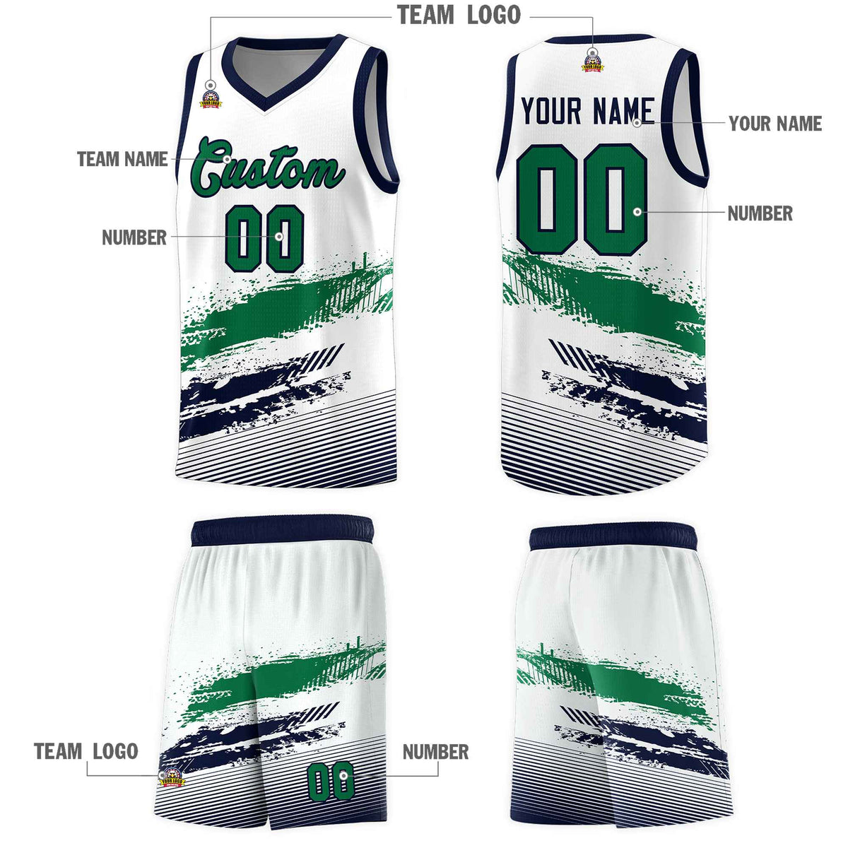 Custom White Kelly Green and Navy Graffiti Pattern Sports Uniform Basketball Jersey