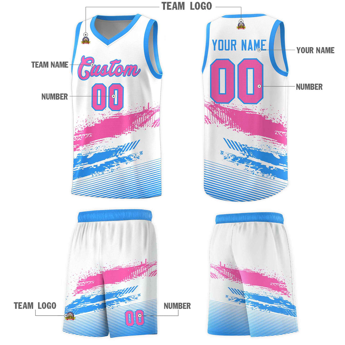 Custom White Pink and Powder Blue Graffiti Pattern Sports Uniform Basketball Jersey