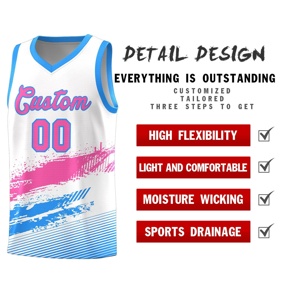 Custom White Pink and Powder Blue Graffiti Pattern Sports Uniform Basketball Jersey