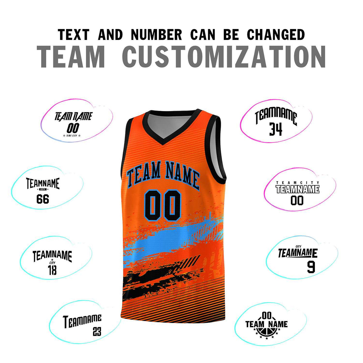 Custom Orange Powder Blue and Black Graffiti Pattern Sports Uniform Basketball Jersey