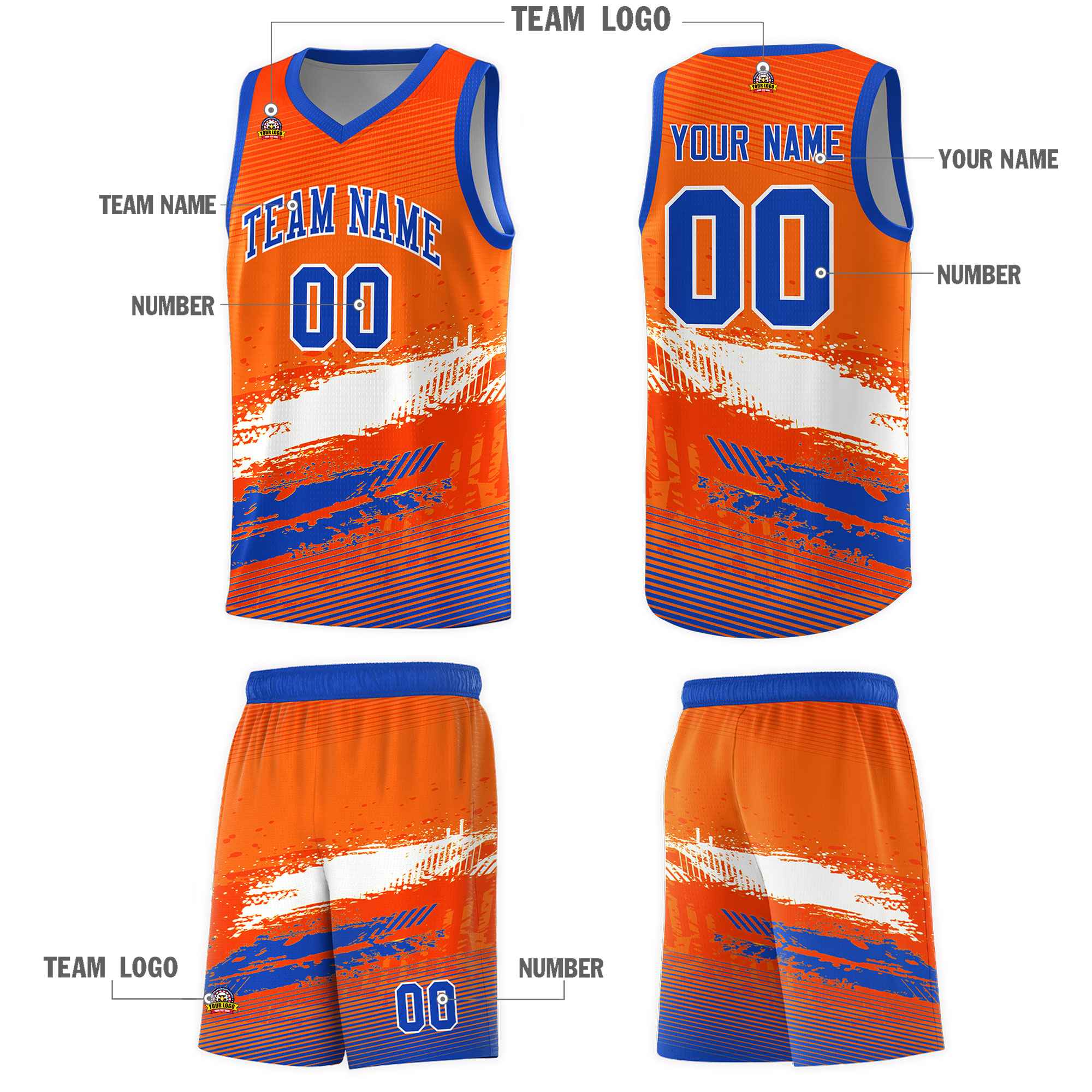 Custom Orange White and Royal Graffiti Pattern Sports Uniform Basketball Jersey