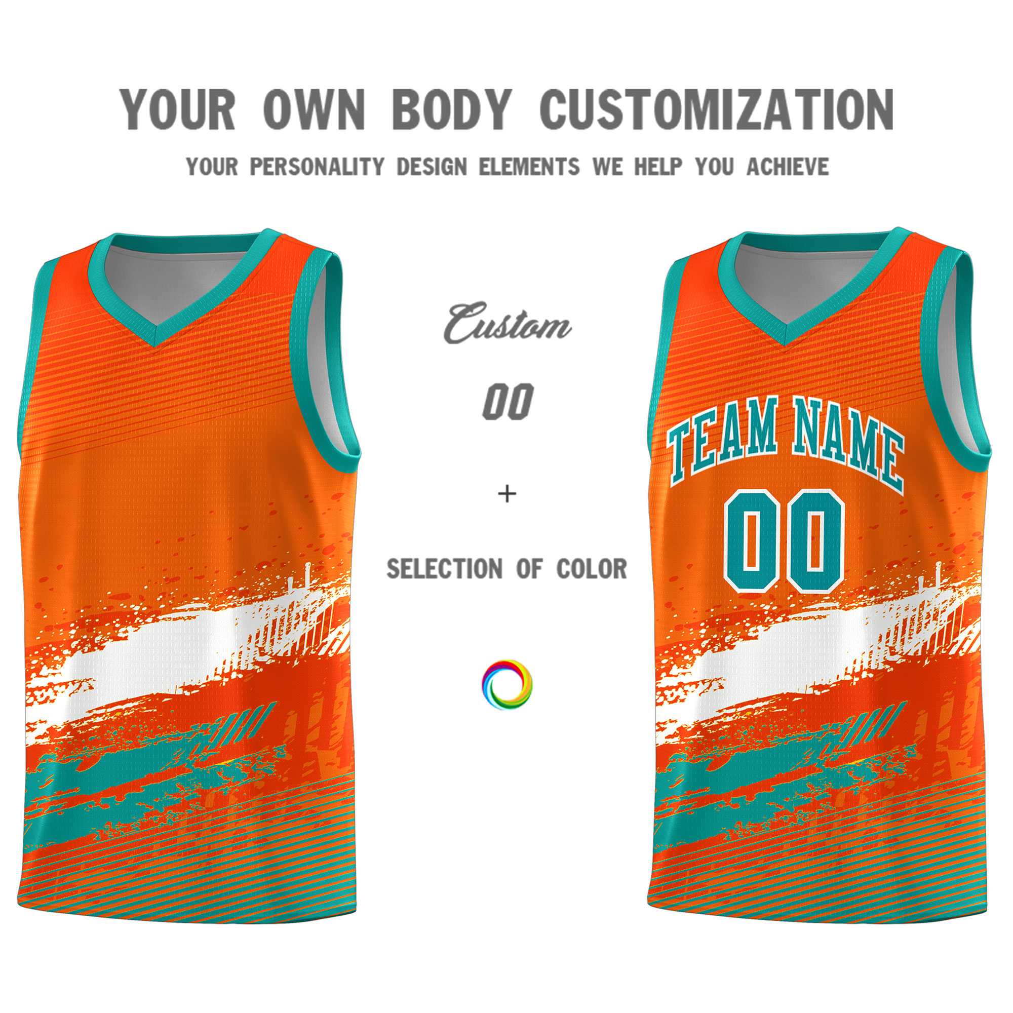 Custom Orange White and Aqua Graffiti Pattern Sports Uniform Basketball Jersey
