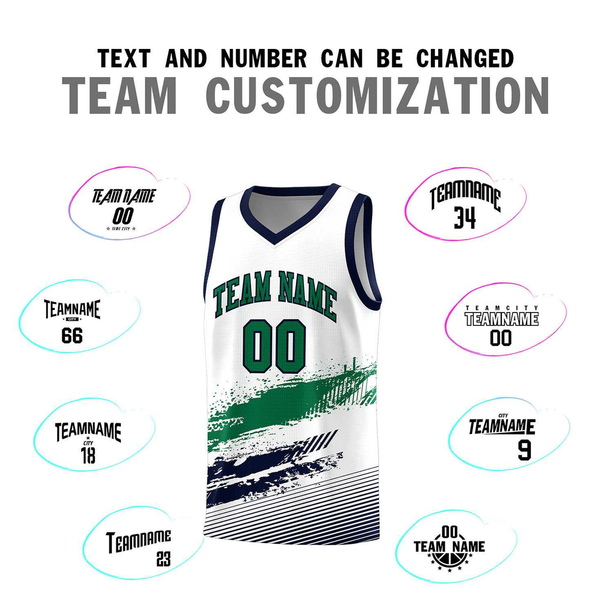 Custom White Kelly Green and Navy Graffiti Pattern Sports Uniform Basketball Jersey