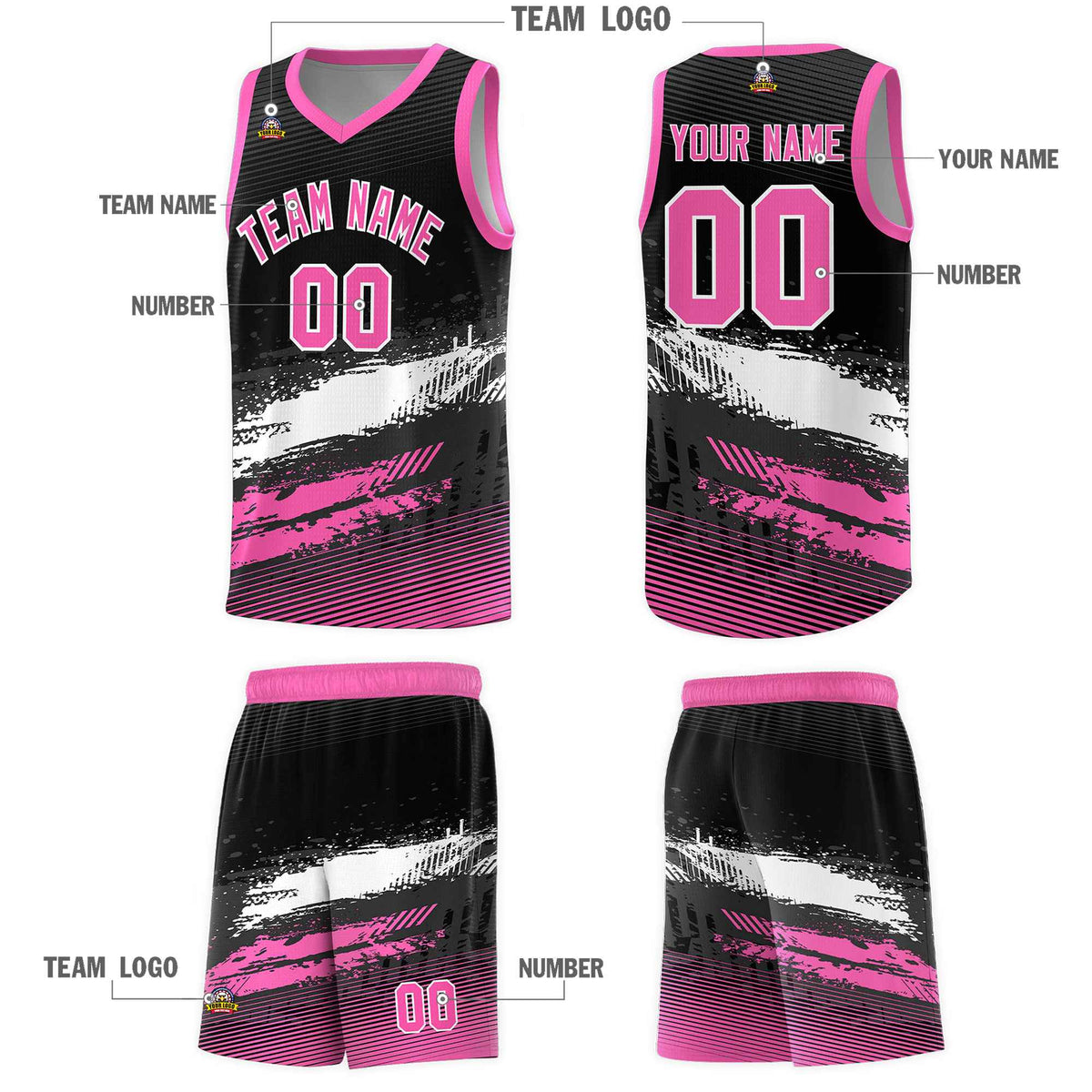Custom Black White and Pink Graffiti Pattern Sports Uniform Basketball Jersey