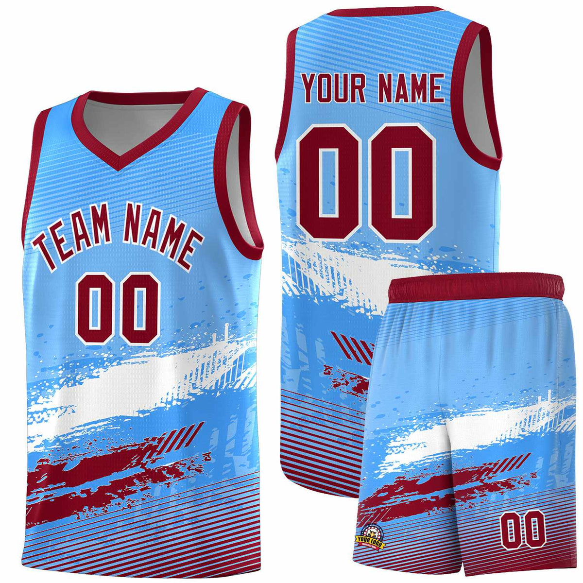 Custom Powder Blue White and Crimson Graffiti Pattern Sports Uniform Basketball Jersey