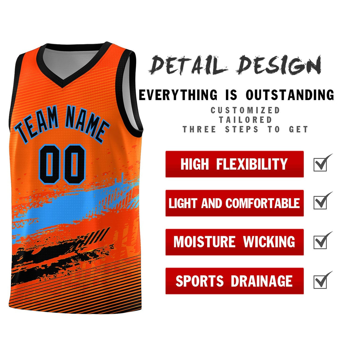 Custom Orange Powder Blue and Black Graffiti Pattern Sports Uniform Basketball Jersey