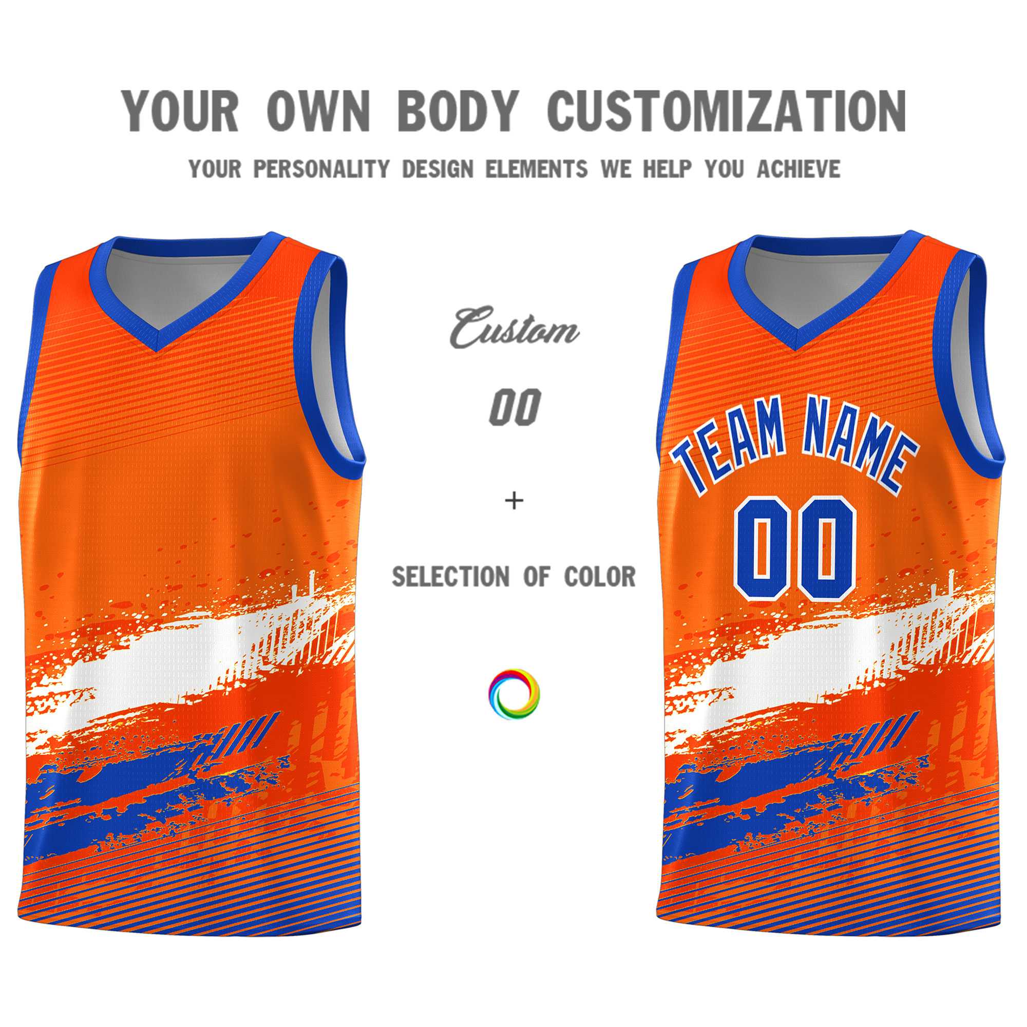 Custom Orange White and Royal Graffiti Pattern Sports Uniform Basketball Jersey