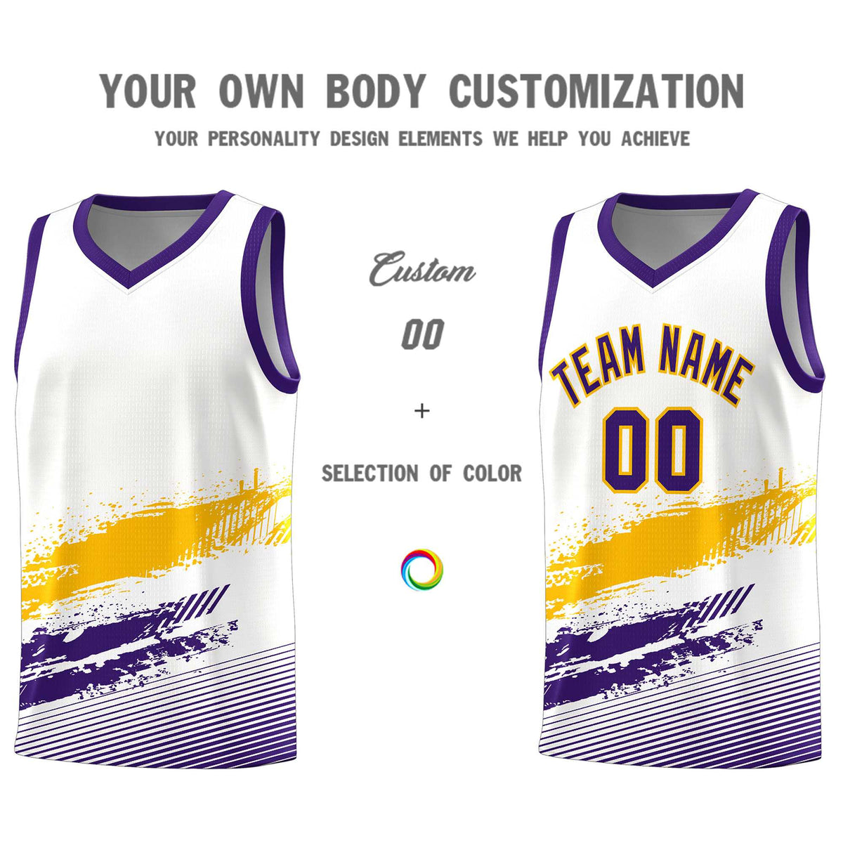 Custom White Yellow and Purple Graffiti Pattern Sports Uniform Basketball Jersey