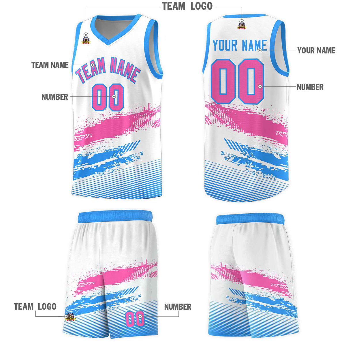 Custom White Pink and Powder Blue Graffiti Pattern Sports Uniform Basketball Jersey