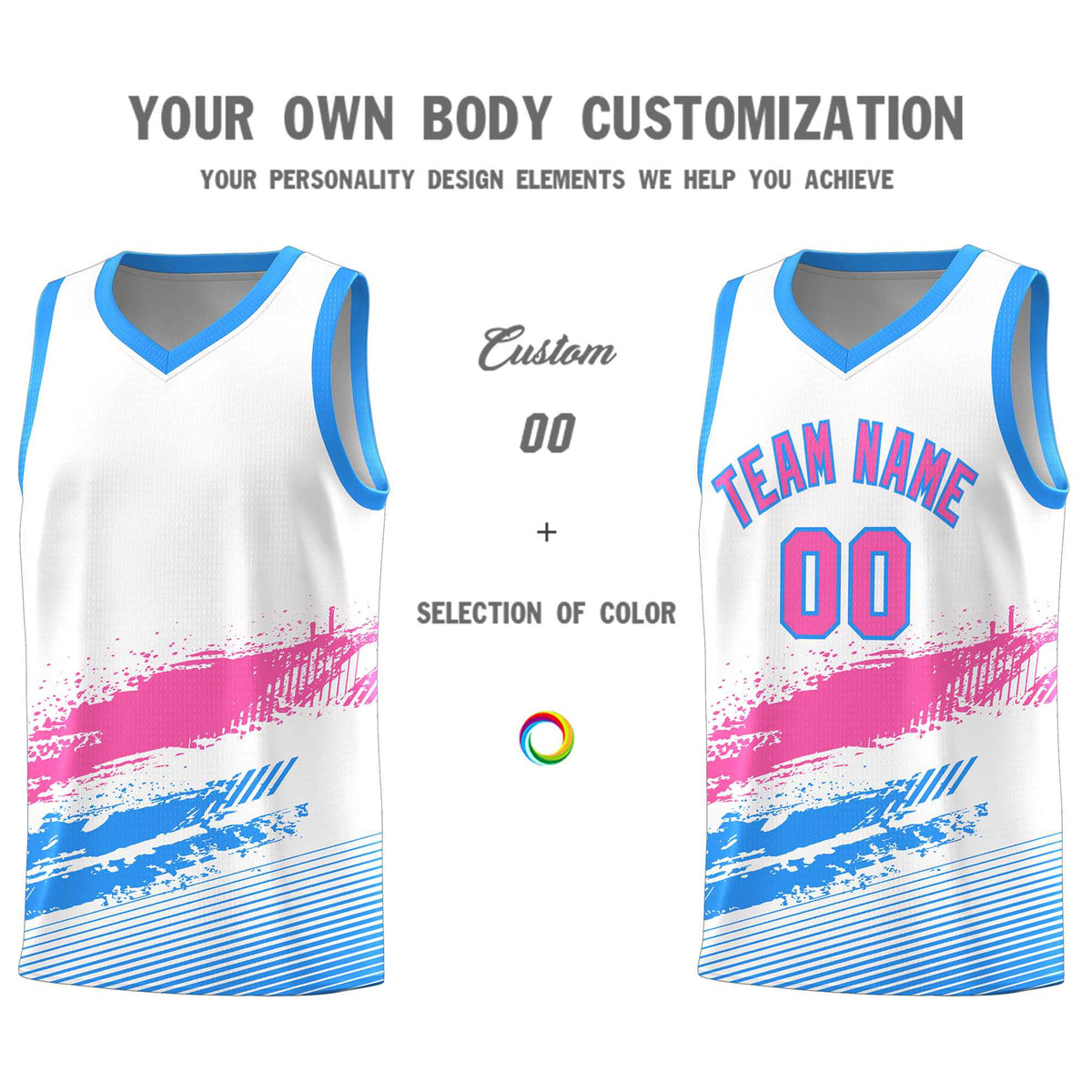 Custom White Pink and Powder Blue Graffiti Pattern Sports Uniform Basketball Jersey