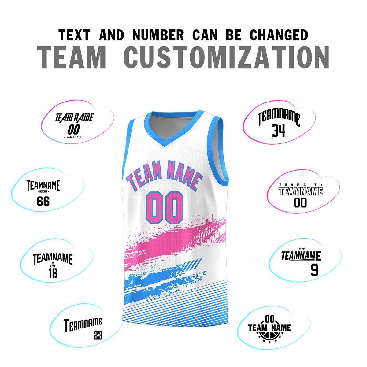 Custom White Pink and Powder Blue Graffiti Pattern Sports Uniform Basketball Jersey