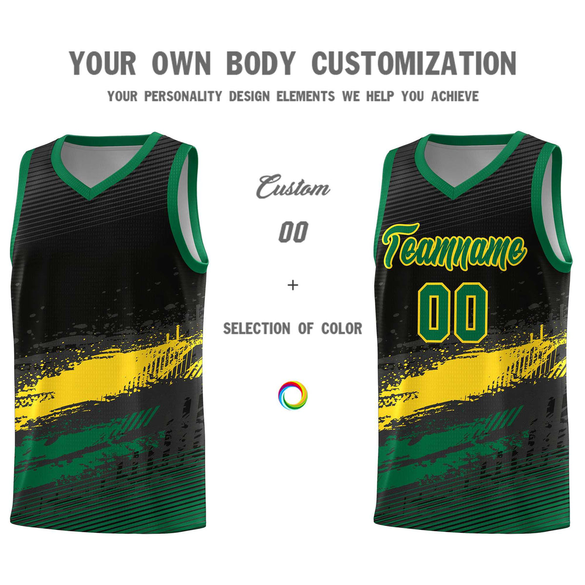 Custom Black Yellow and Kelly Green Graffiti Pattern Sports Uniform Basketball Jersey