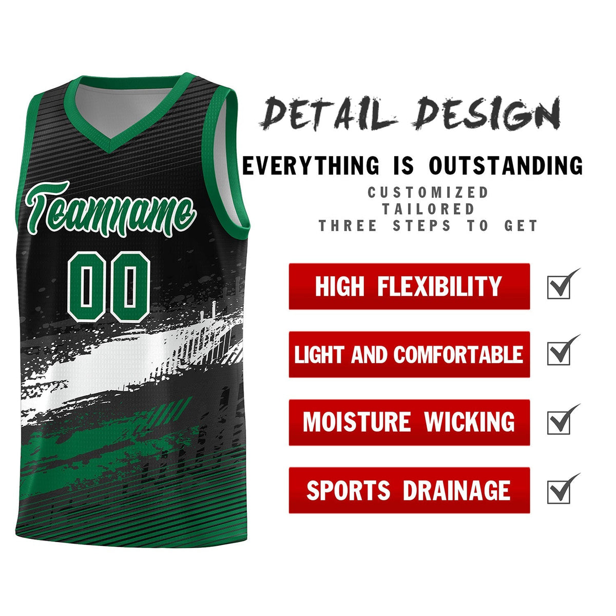 Custom Black White and Kelly Green Graffiti Pattern Sports Uniform Basketball Jersey