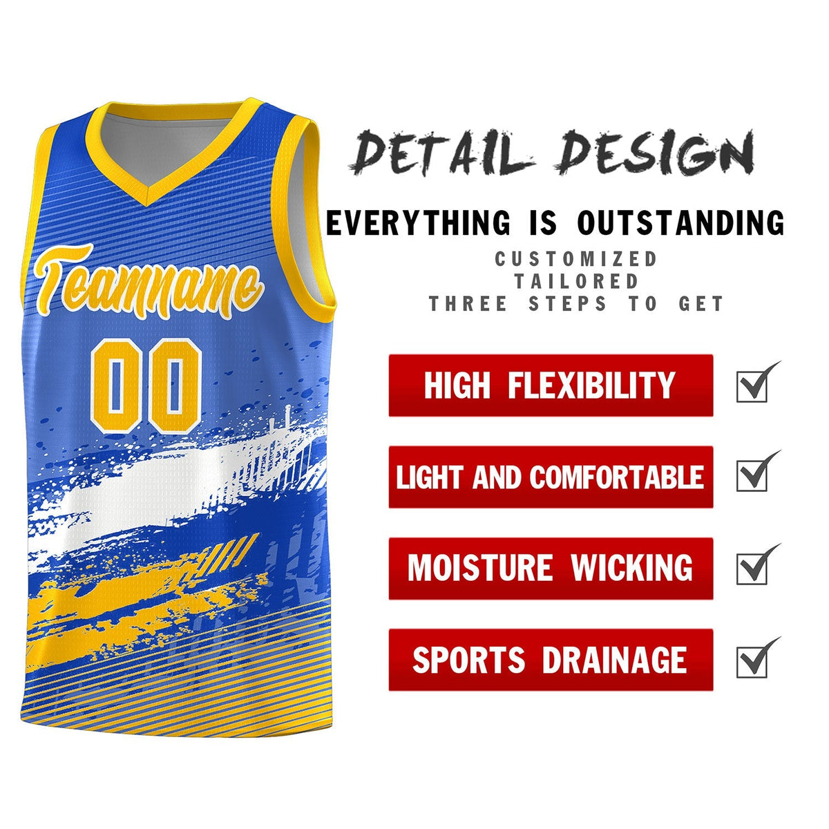 Custom Royal White and Yellow Graffiti Pattern Sports Uniform Basketball Jersey