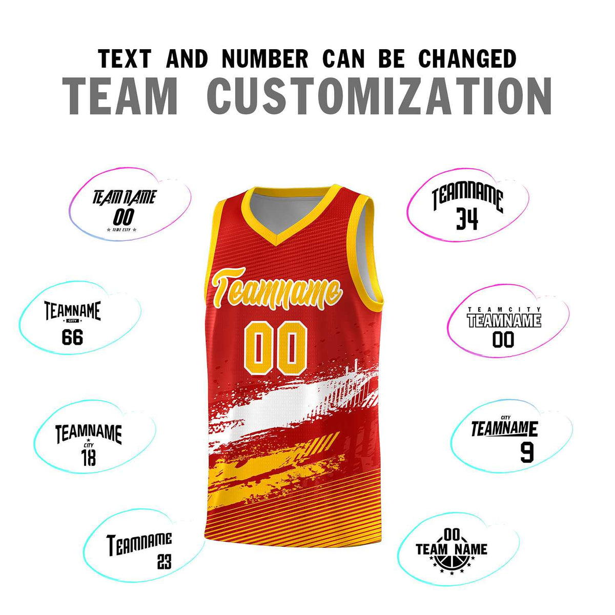 Custom Red White and Yellow Graffiti Pattern Sports Uniform Basketball Jersey