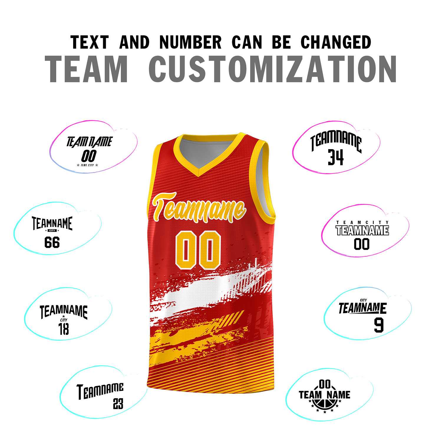 Custom Red White and Yellow Graffiti Pattern Sports Uniform Basketball Jersey