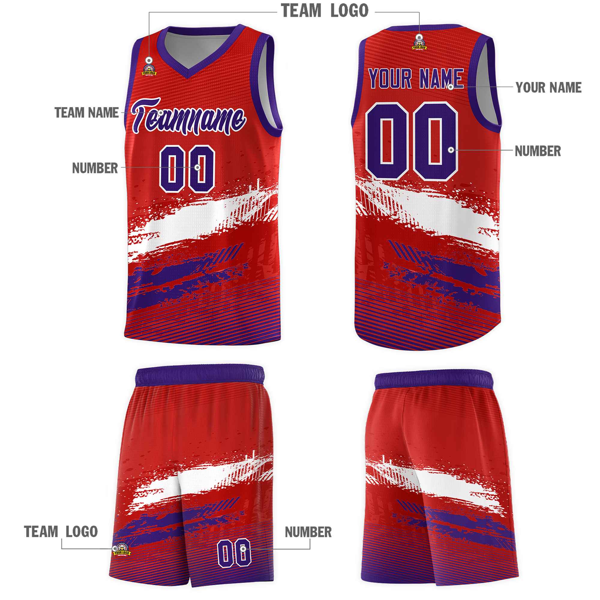 Custom Red White and Purple Graffiti Pattern Sports Uniform Basketball Jersey