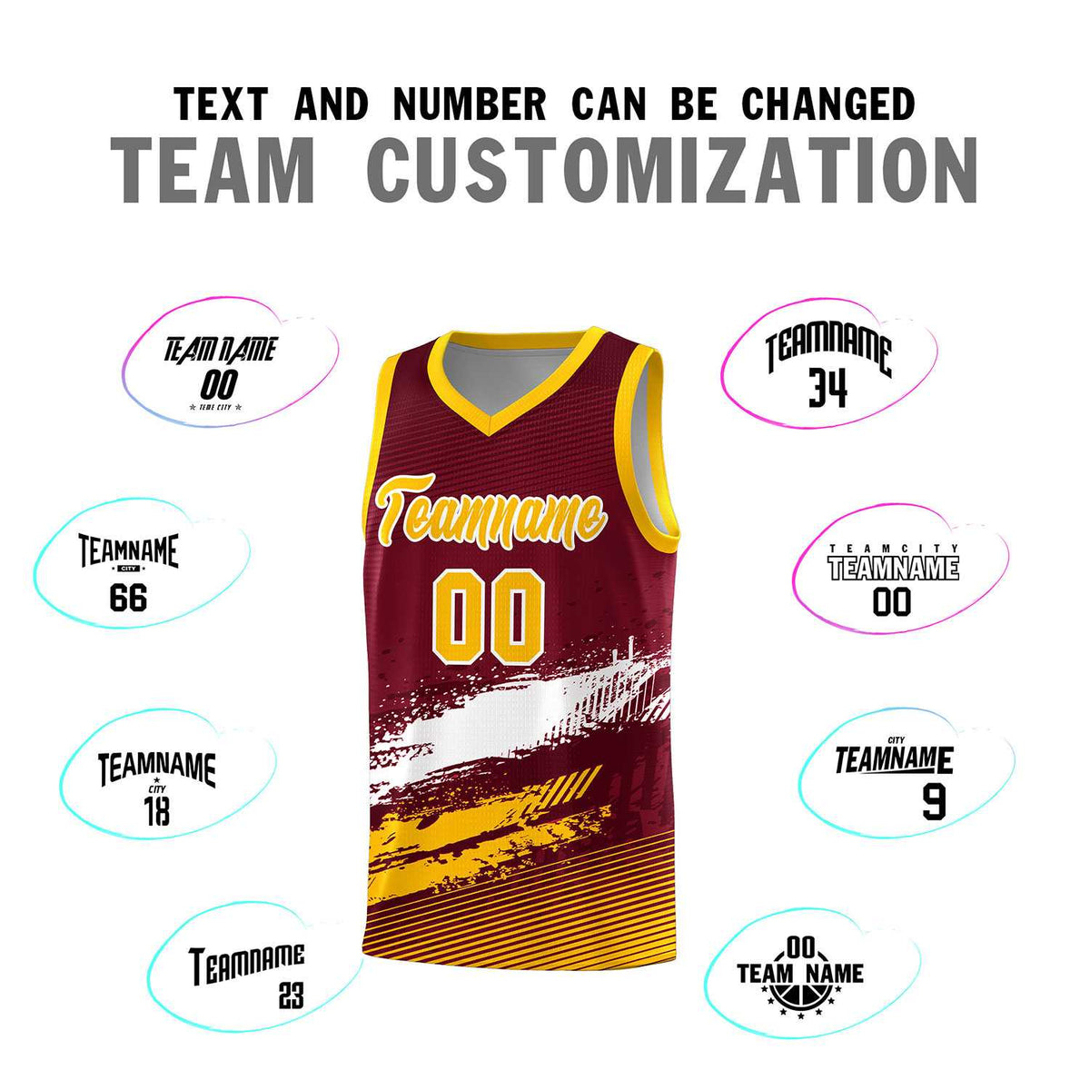 Custom Crimson White and Yellow Graffiti Pattern Sports Uniform Basketball Jersey