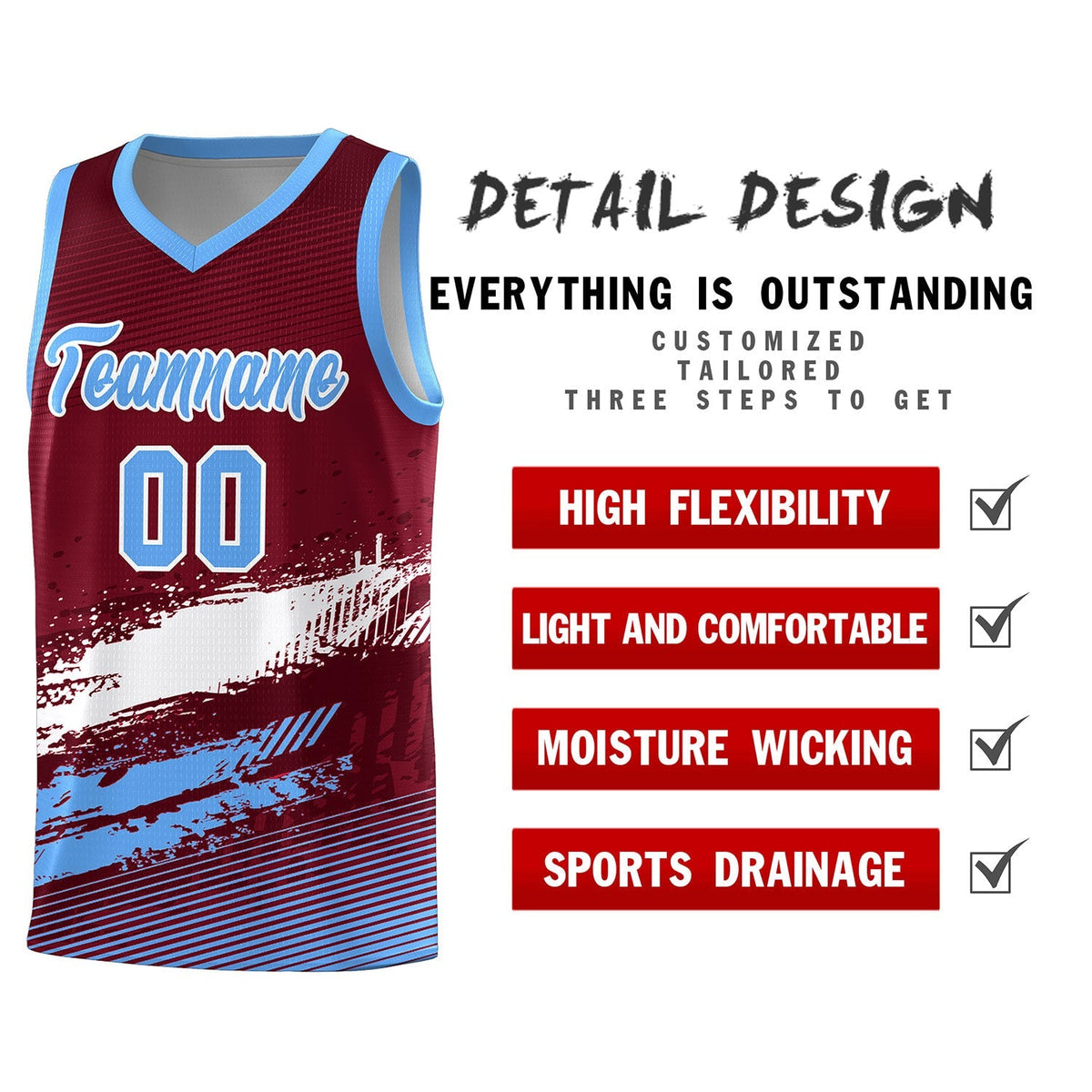 Custom Crimson White and Powder Blue Graffiti Pattern Sports Uniform Basketball Jersey
