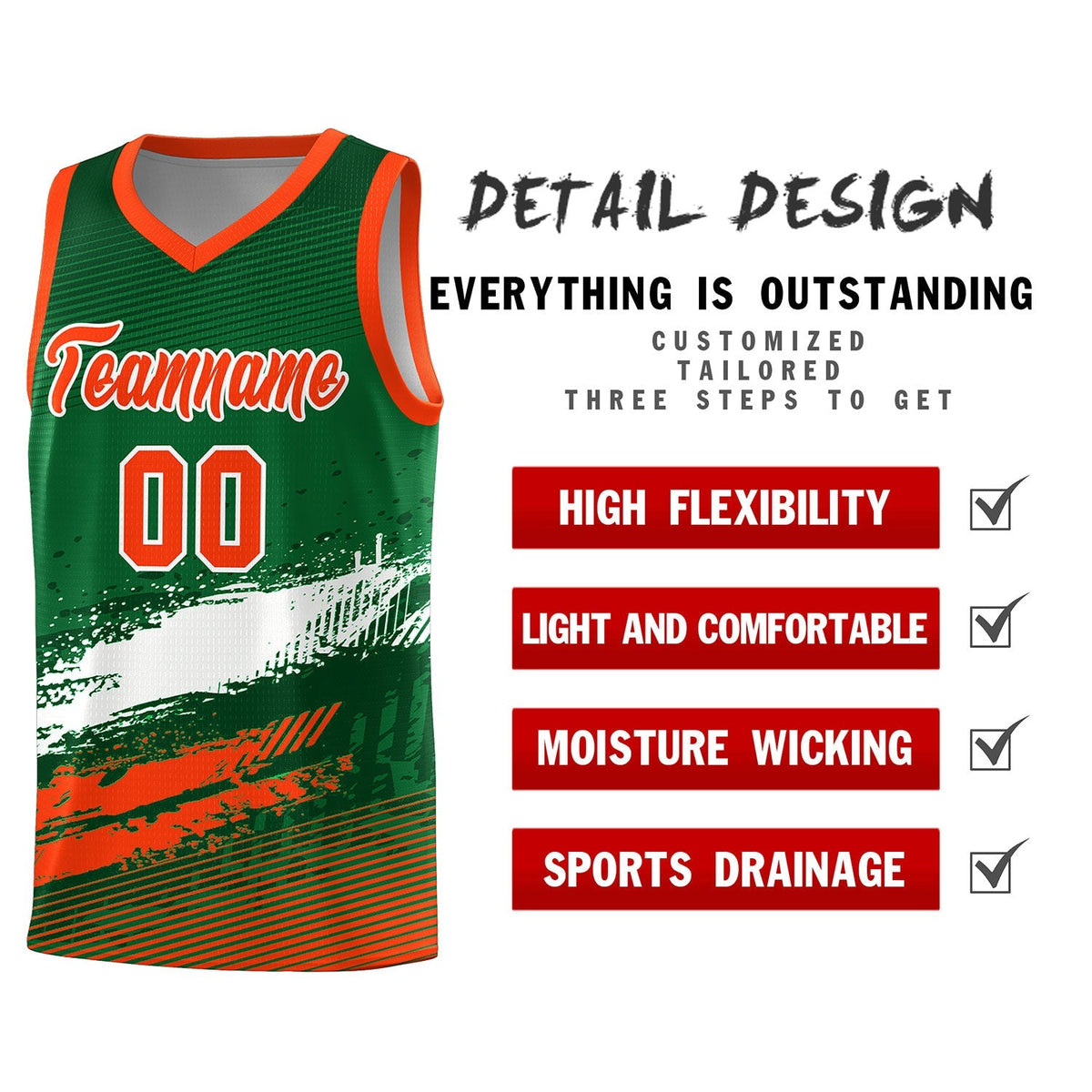 Custom Kelly Green White and Orange Graffiti Pattern Sports Uniform Basketball Jersey