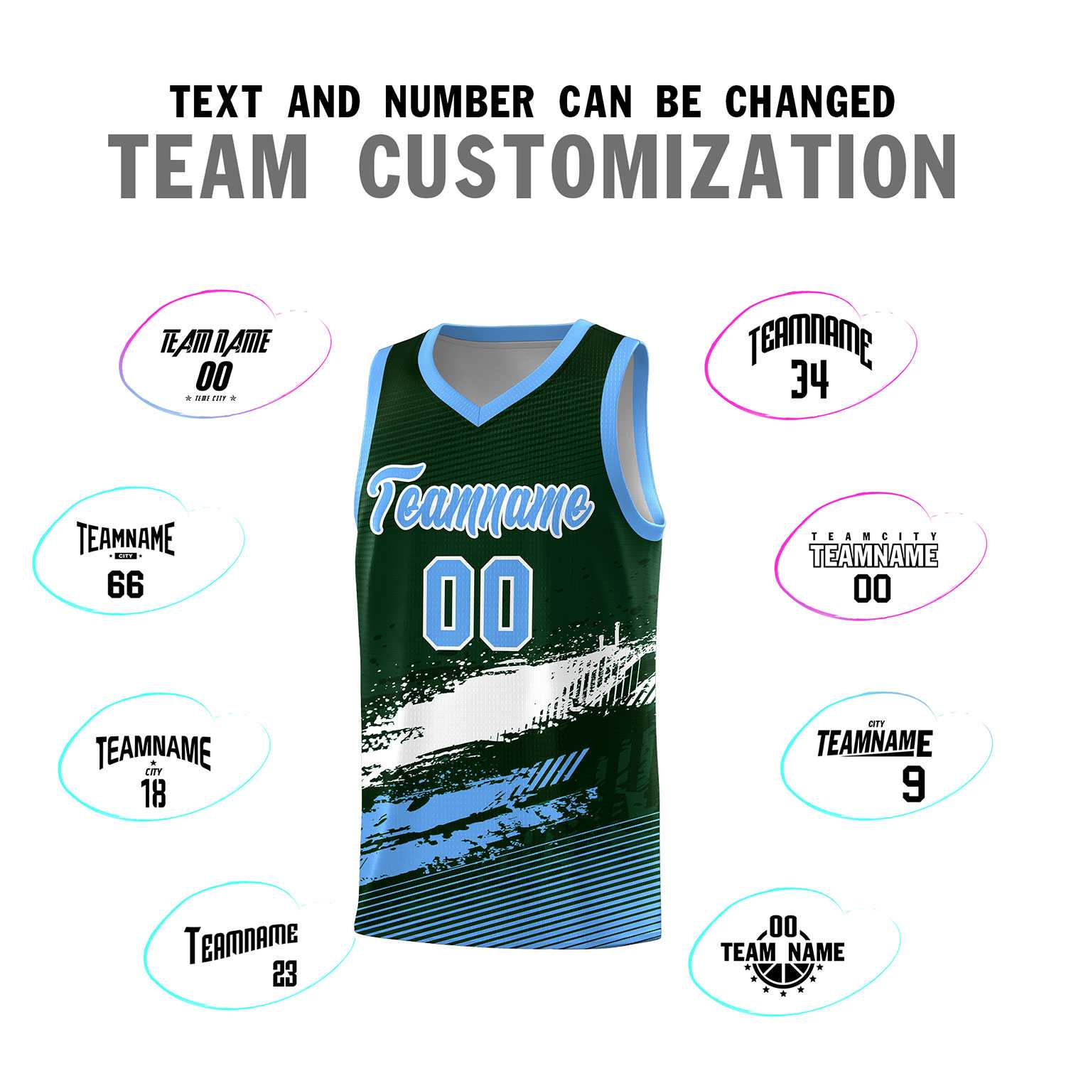 Custom Green White and Powder Blue Graffiti Pattern Sports Uniform Basketball Jersey