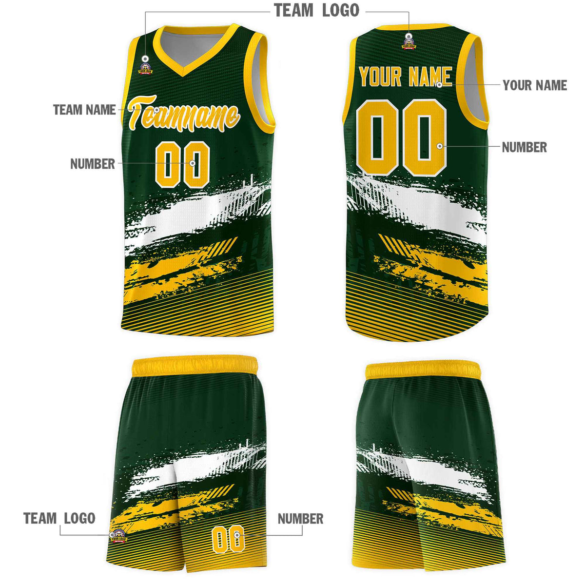 Custom Green White and Yellow Graffiti Pattern Sports Uniform Basketball Jersey