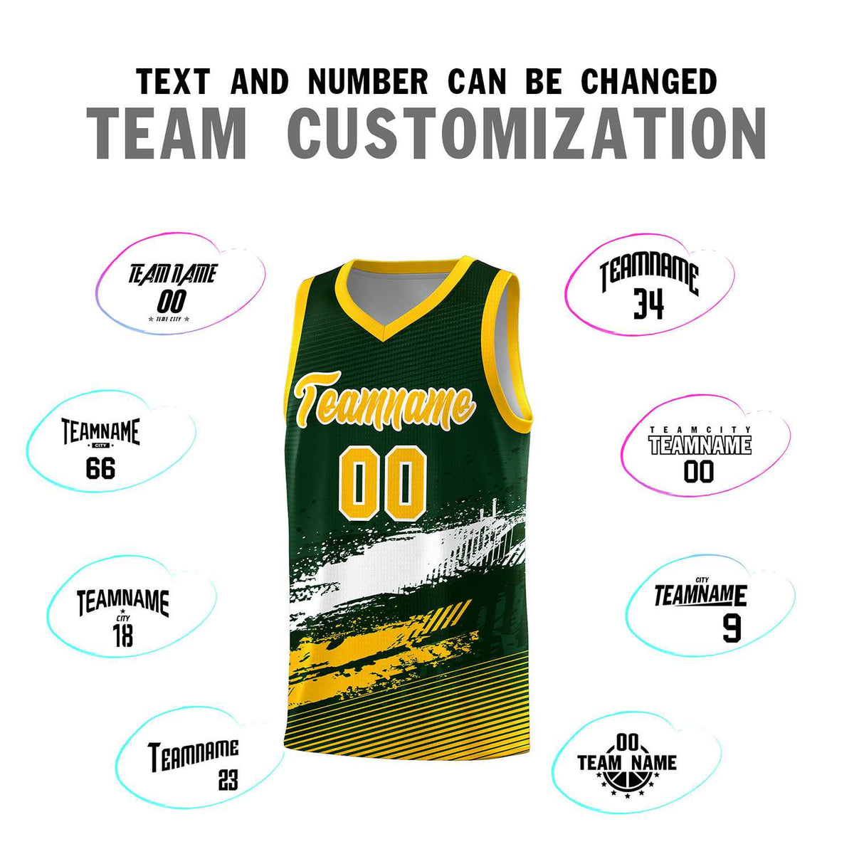 Custom Green White and Yellow Graffiti Pattern Sports Uniform Basketball Jersey
