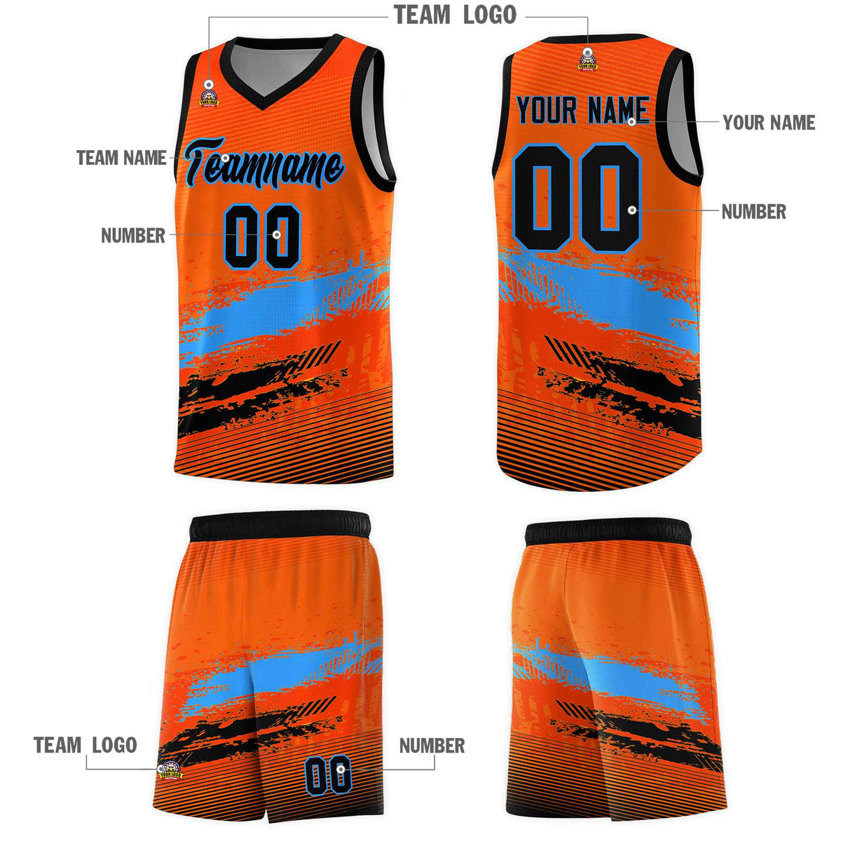 Custom Orange Powder Blue and Black Graffiti Pattern Sports Uniform Basketball Jersey