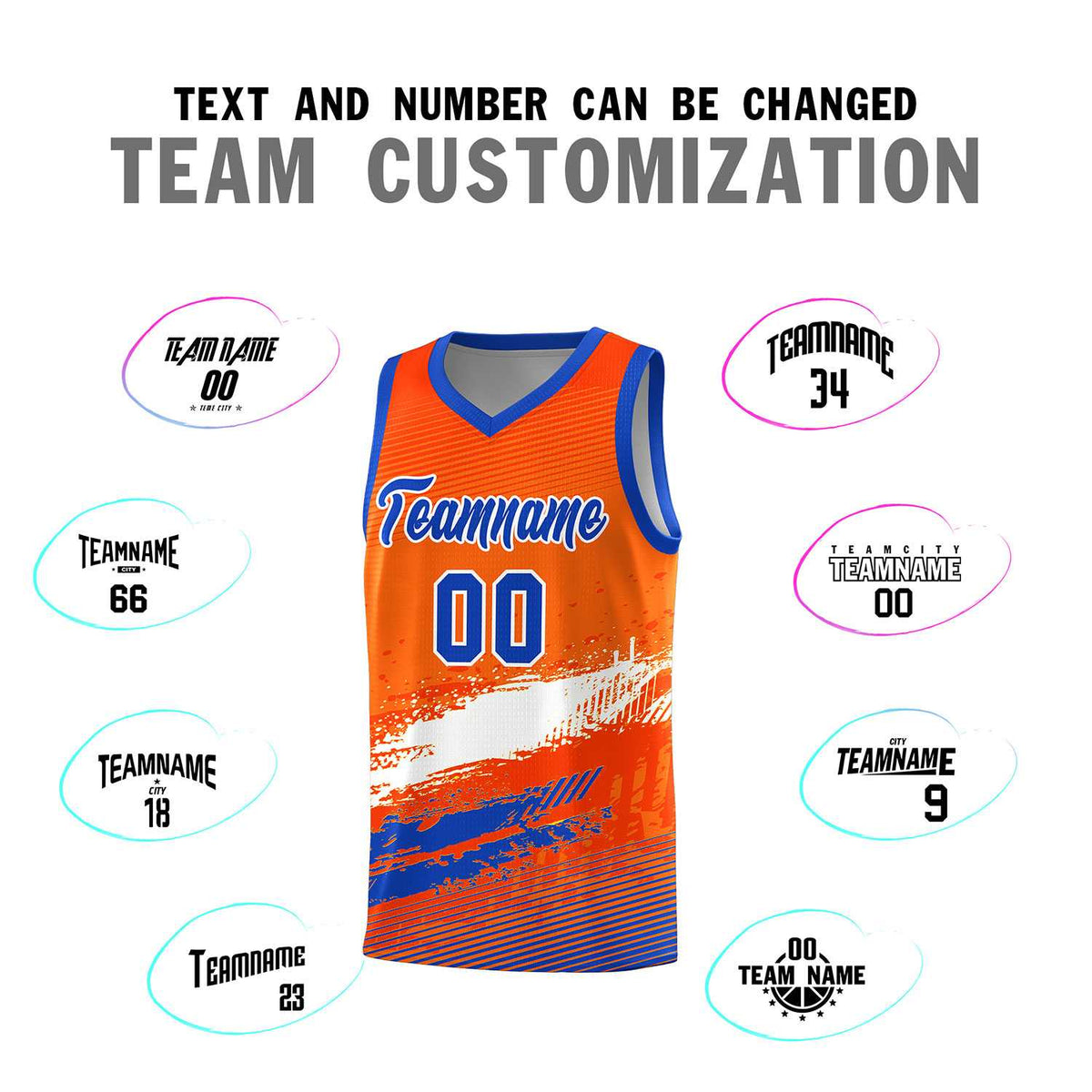 Custom Orange White and Royal Graffiti Pattern Sports Uniform Basketball Jersey