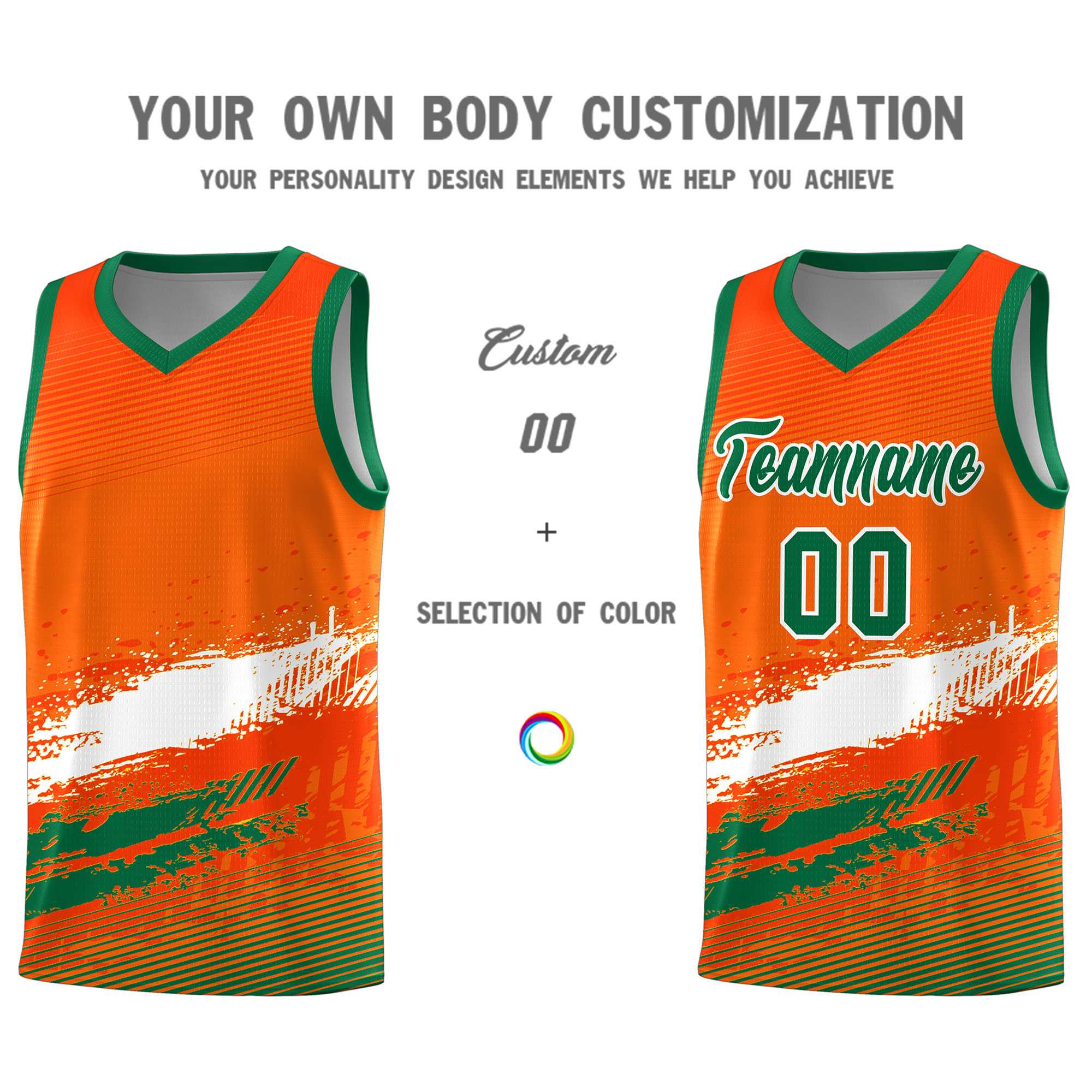Custom Orange White and Kelly Green Graffiti Pattern Sports Uniform Basketball Jersey