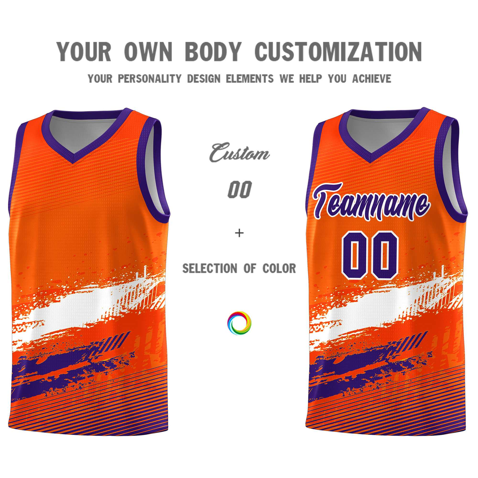 Custom Orange White and Purple Graffiti Pattern Sports Uniform Basketball Jersey