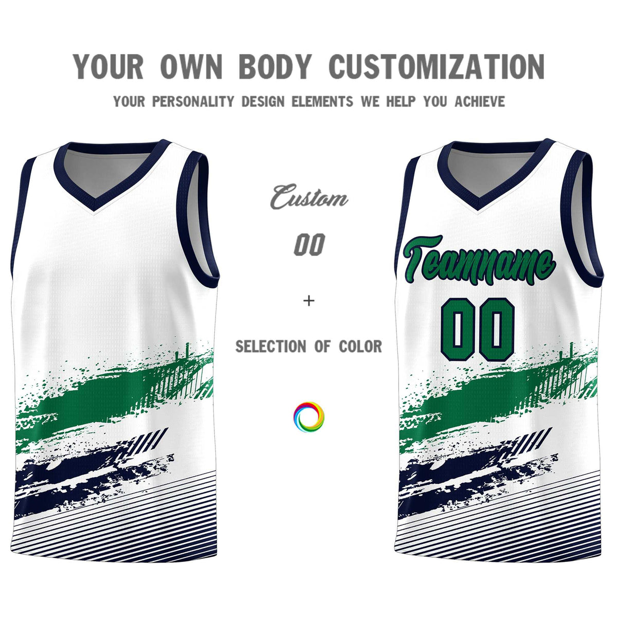 Custom White Kelly Green and Navy Graffiti Pattern Sports Uniform Basketball Jersey