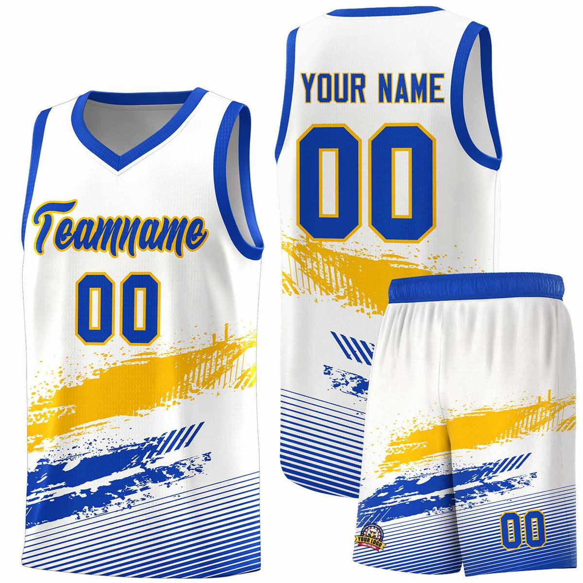 Custom White Yellow and Royal Graffiti Pattern Sports Uniform Basketball Jersey