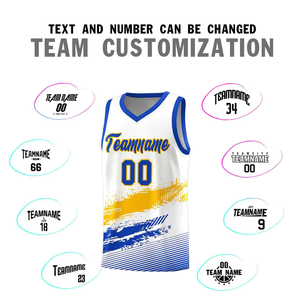 Custom White Yellow and Royal Graffiti Pattern Sports Uniform Basketball Jersey