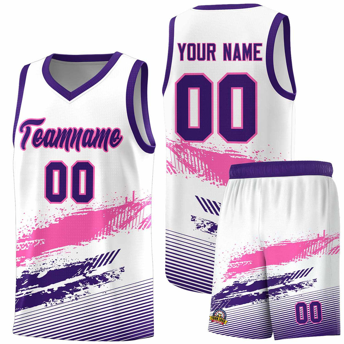 Custom White Pink and Purple Graffiti Pattern Sports Uniform Basketball Jersey