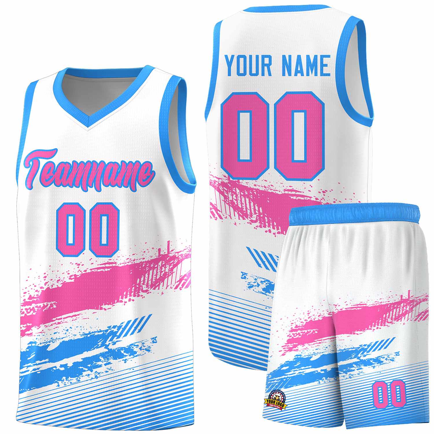 Custom White Pink and Powder Blue Graffiti Pattern Sports Uniform Basketball Jersey
