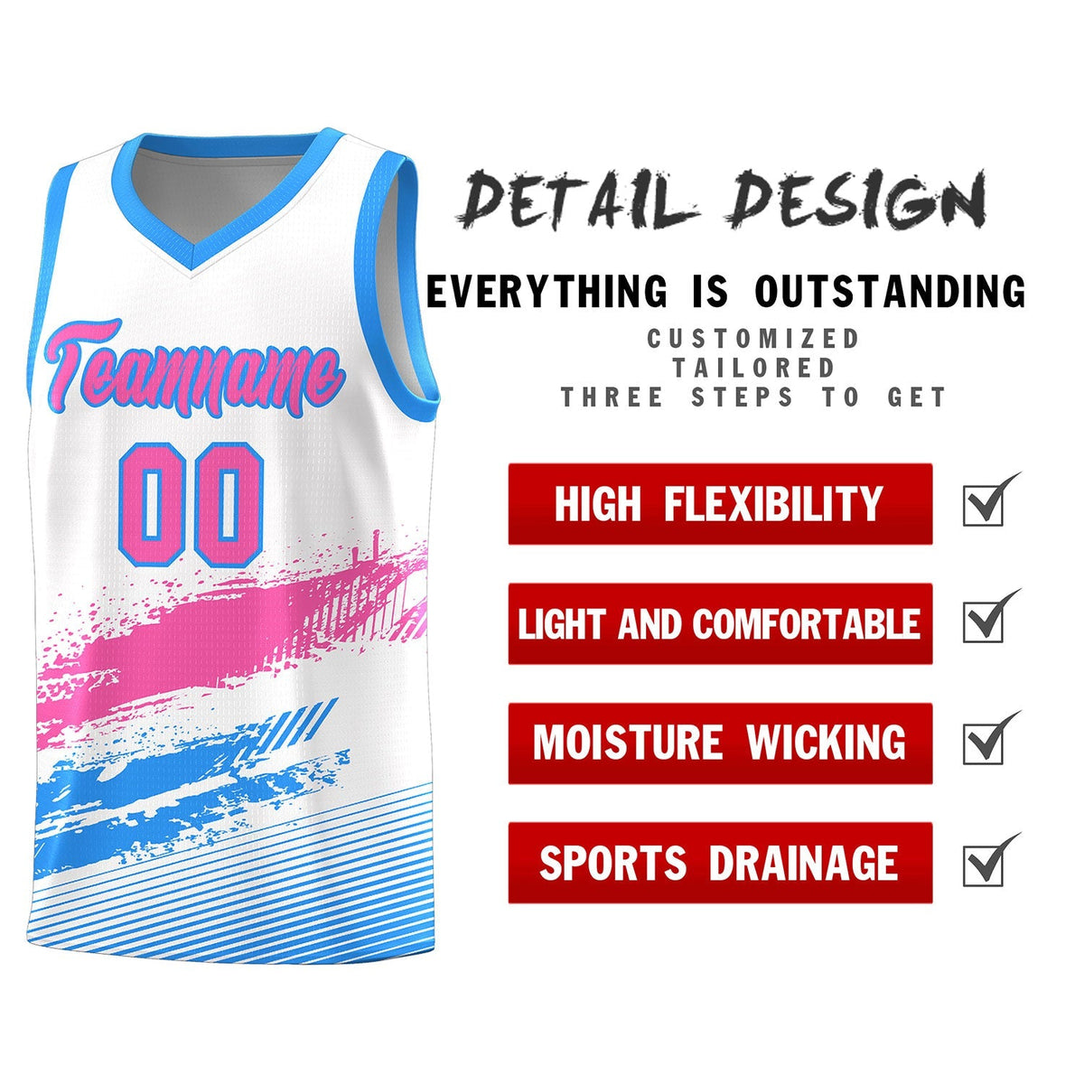 Custom White Pink and Powder Blue Graffiti Pattern Sports Uniform Basketball Jersey